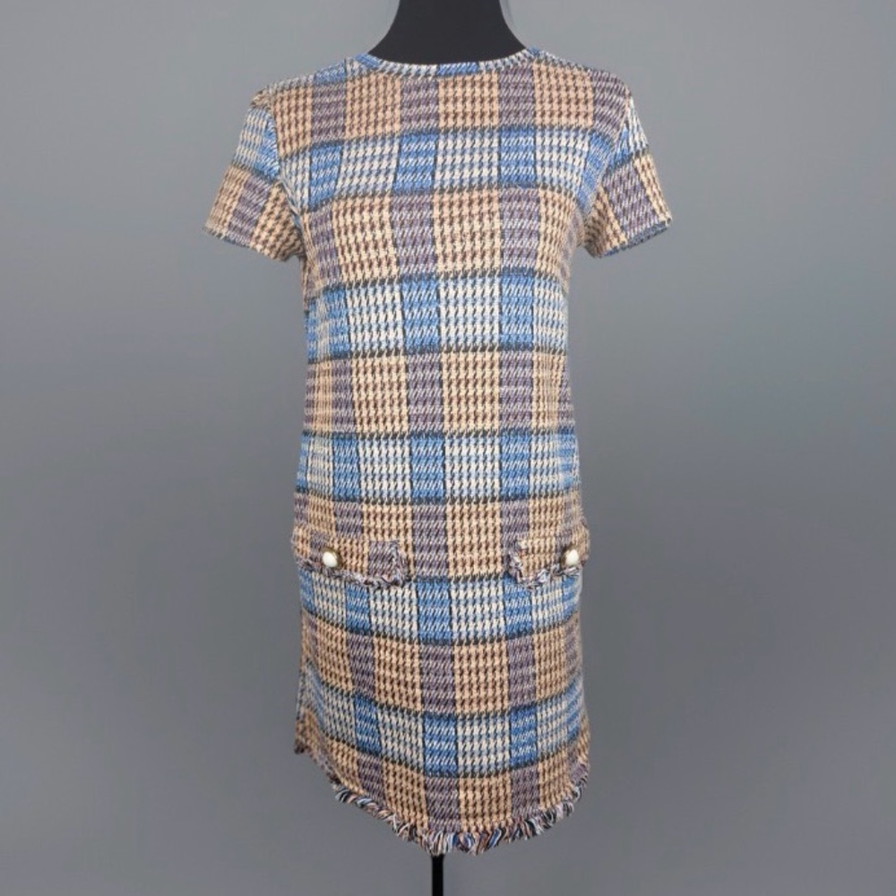 ZARA Tweed Plaid Fringe-Trim Shift Dress – Size Small